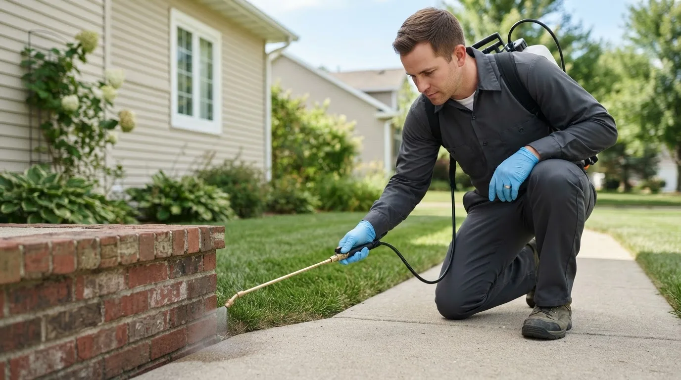 Pest control technician treating a home near Medford, OR